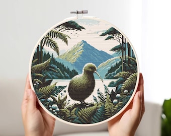 Kiwi Bird Cross Stitch Pattern: New Zealand Landscape (PDF Pattern)