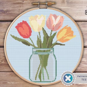 Tulip Cross Stitch Pattern: Flowers in Jar (PDF Pattern)