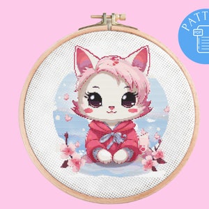Lindo Kawaii Cat Cross Stitch Pattern PDF, mini gráficos digitales de bordado divertidos