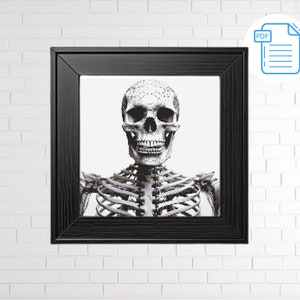 May include: A black and white cross-stitch pattern of a human skeleton with a skull. The skull is detailed with teeth and eye sockets. The skeleton is in a simple pose with its arms at its sides.