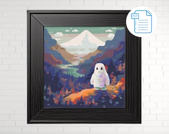 May include: A white, ghost-like figure stands on a hill overlooking a mountain range. The mountains are painted in shades of blue, green, and purple, with a snowy peak in the distance. The scene is framed by a black picture frame.