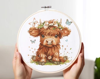 Padrão de ponto cruz de vaca das montanhas PDF | Padrão de ponto cruz de animal fofo | Ponto cruz para bebé, crianças | Gráfico xstitch fácil | Digital