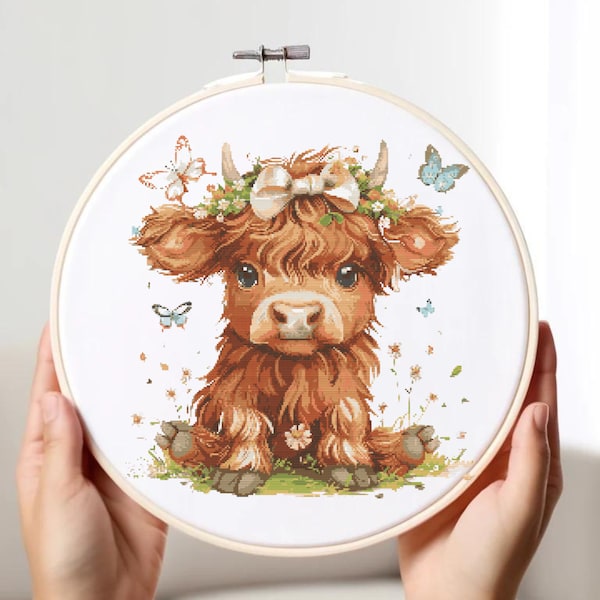 Highland Cow Cross Stitch Pattern PDF | Cute Animal Cross Stitch Pattern | Cross stitch for baby, kids | Easy xstitch Chart | Digital