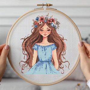Girl Cross Stitch Pattern PDF, Flower Cross Stitch Pattern, summer cross stitch chart, modern xstitch, easy cross stitch, digital pattern