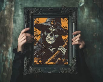 Hexe Kreuzstichmuster | Moderne Halloween Hexe im X-Stich | Gruselige Halloween-Kreuzstichvorlage | Digitaler Kreuzstich