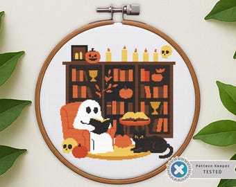 Ghost in Library Cross Stitch Pattern: Halloween Bookshelf, Black Cat (PDF Pattern)