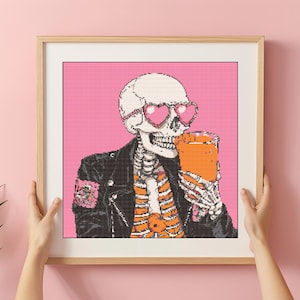 Funny Skeleton Cross Stitch Pattern: Gothic Halloween Design (PDF)