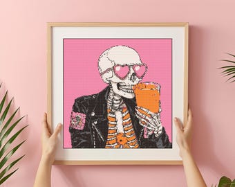 Funny Skeleton Cross Stitch Pattern: Gothic Halloween Design (PDF)