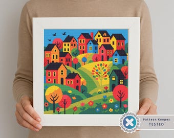 Folk Art Village Cross Stitch Pattern: Modern Town Landscape (PDF Download)