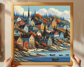 Harbour Cross Stitch Pattern: Colorful Coastal Village (Digital PDF Pattern)