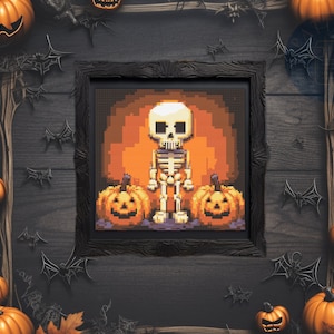 Halloween Skeleton Cross Stitch Pattern PDF | Autumn x-stitch Design | Gothic Embroidery | Digital Chart