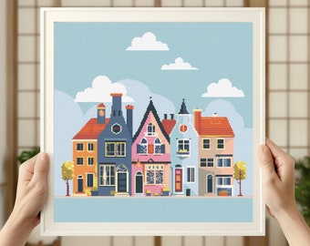 Folk Art Town Cross Stitch Pattern: Colorful Village Houses (PDF Download)