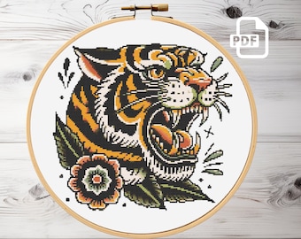 Tiger Kreuzstich-Muster: Wildtierstickerei (PDF-Muster)