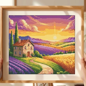Dorpshuis in de bergen landschap kruissteekpatroon PDF | xstitch getelde grafiek | Landschap kruissteek | Gemakkelijk direct downloaden
