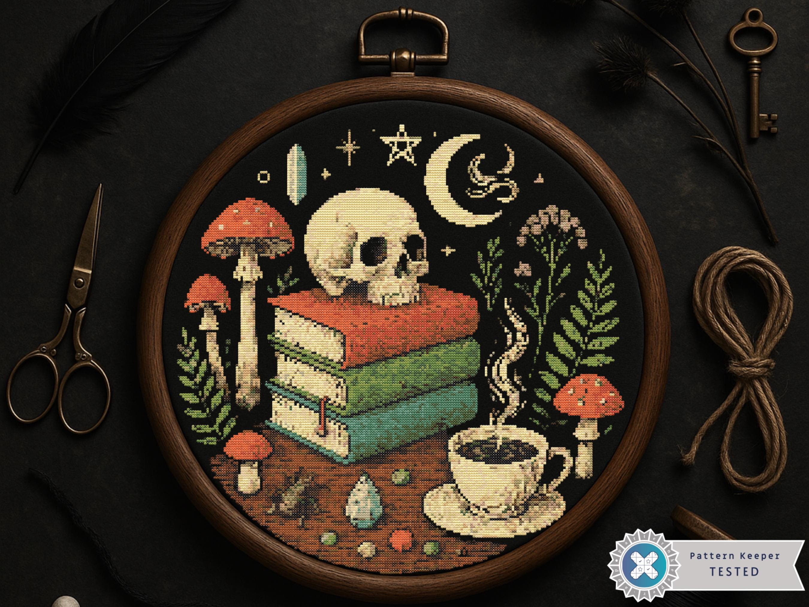 Skull With Books Cross Stitch Pattern: Gothic Dark Academia