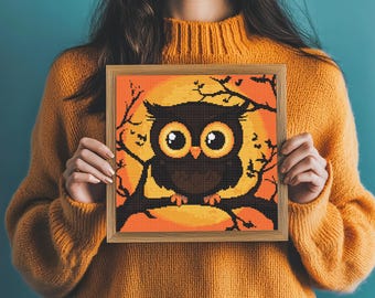 Halloween Owl Cross Stitch Pattern PDF | Pumpkin Owl xstitch counted chart | Halloween cross stitch | Autumn Pattern