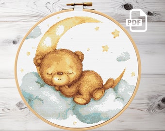 Patrón de punto de cruz de un adorable osito de peluche en la luna / Habitación infantil (patrón en PDF)
