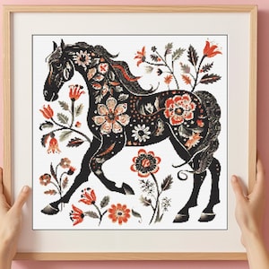 Volkskunst paard met bloemen kruissteekpatroon pdf | Tabel x-steken getelde wilde dieren | Modern en eenvoudig digitaal kruissteekpatroon (pdf)