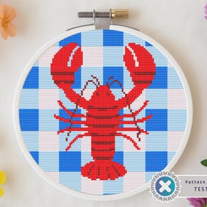 Lobster Cross Stitch Pattern PDF – Coastal Kitchen Decor, Blue Gingham Nautical Embroidery, Instant Download