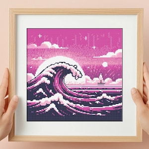 Kawaii Wave Cross Stitch Pattern: Pastel Japan Landscape (PDF)