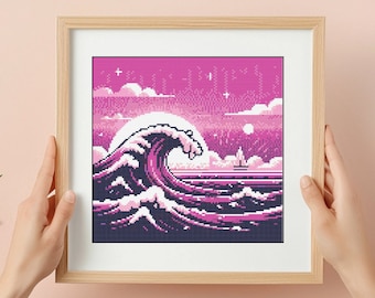 Kawaii Wave Cross Stitch Pattern: Pastel Japan Landscape (PDF)