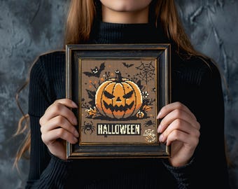 ハロウィンかぼちゃのクロスステッチパターン：不気味なゴシック