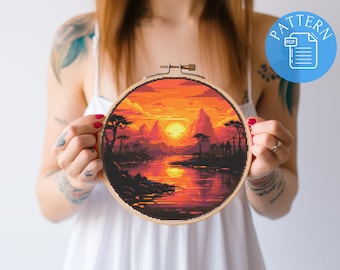 Tropical Sunset Cross Stitch Pattern, Instant download, landscape embroidery PDF Pattern
