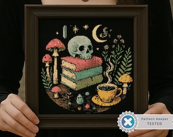 Totenkopf & Bücher Kreuzstichmuster: Gothic Witchy Design (PDF Download
