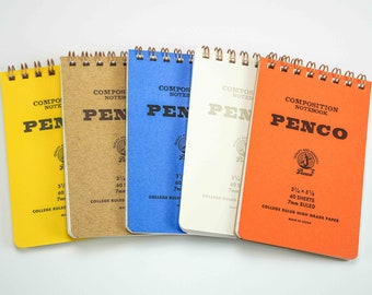 May include: Five composition notebooks in different colors: yellow, brown, blue, white, and orange. Each notebook has a black and white logo with the text "COMPOSITION NOTEBOOK PENCO" and the dimensions "3 1/4 x 5 1/2, 60 SHEETS, 7mm RULED".