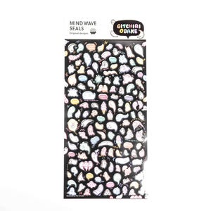 May include: A sheet of Mind Wave Seals stickers with a black background and various colorful, cartoonish ghost-like characters. The stickers have a variety of shapes and colors, including white, pink, yellow, and blue. The top of the sheet has the text "GITCHIRI OBAKE".