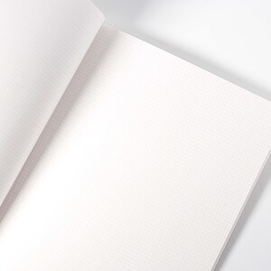 K&ouml;nnte beinhalten: Offenes Notizbuch mit wei&szlig;en, karierten Seiten. Die Seiten sind leicht cremefarben und haben ein dezentes Rastermuster. Das Notizbuch ist ge&ouml;ffnet und zeigt die Innenseiten und die abgerundete Ecke der rechten Seite.