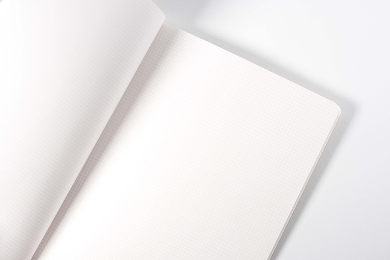 K&ouml;nnte beinhalten: Offenes Notizbuch mit wei&szlig;en, karierten Seiten. Die Seiten sind leicht cremefarben und haben ein dezentes Rastermuster. Das Notizbuch ist ge&ouml;ffnet und zeigt die Innenseiten und die abgerundete Ecke der rechten Seite.
