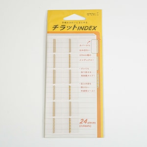 May include: A package of clear index tabs with gold accents and Japanese text. The tabs are designed to fit inside a notebook and are labeled "チラットINDEX". The package includes 24 pieces.