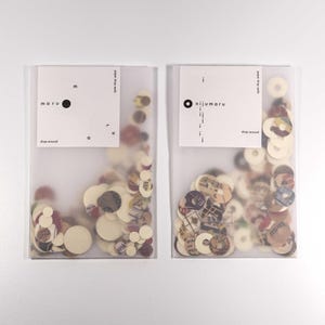 May include: Two clear plastic pouches filled with assorted circular paper confetti. Each pouch has a white label with Japanese text and a black dot. The confetti includes various colors and designs, creating a decorative effect.