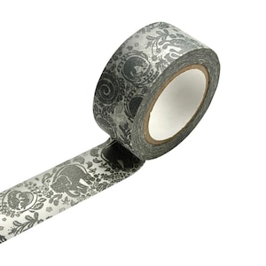 May include: A roll of decorative adhesive tape featuring a repeating pattern of dark gray silhouettes of elephants and floral elements on a light gray background. The tape is partially unrolled, showing the detailed graphic design clearly.