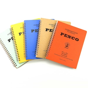 May include: Five composition notebooks with spiral binding. The notebooks are in different colors: light green, yellow, blue, brown, and orange. The orange notebook has the text "COMPOSITION NOTEBOOK PENCO" and "6 1/2 x 8 1/4 80 SHEETS 7mm RULED COLLEGE RULED HIGH GRADE SELECT PAPER MADE IN CHINA".