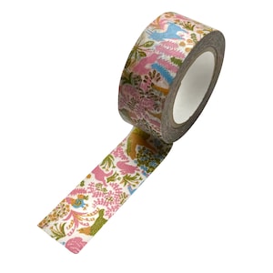 May include: Decorative washi tape roll with a colorful floral and bird pattern. The tape features pink, blue, green, and yellow elements on a white background. The roll is partially unraveled, showing the patterned design.