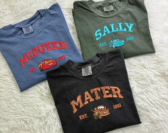 Cars Mcqueen Sally Mater Embroidered Comfort Colors Tee, Cartoon Shirt, Cars Character Movie, Trending Crewneck, Birthday Gift ECT003-005