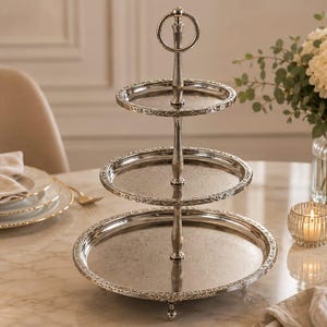 May include: A three-tiered silver serving stand featuring circular trays with embossed floral edges, a central support column, and a circular handle at the top. The stand is constructed from polished metal with a reflective surface finish.
