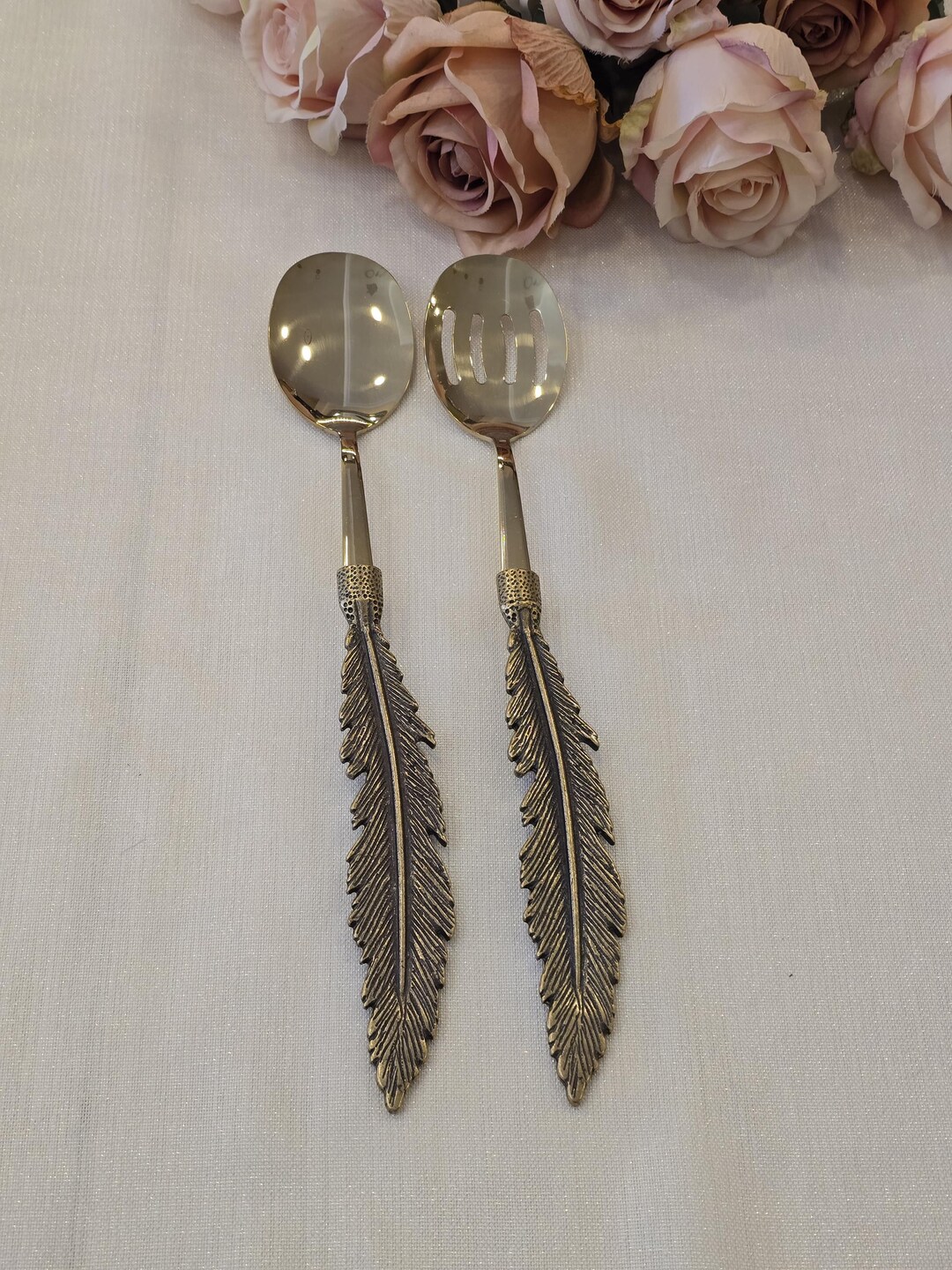 Feather‑pattern 2‑piece Salad Serving Spoon Set – Antique Finish ...