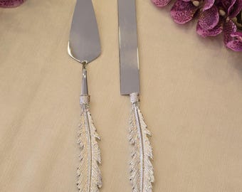 All Silver Feather Handle Cake Knife and Server Set – Elegant Wedding Cake Cutting Set, Luxury Silver Dessert Serving Utensils