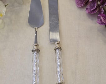 Silver Cake Server Set – Elegant Wedding Cake Knife & Server with Twisted Handles – Bridal Gift Set
