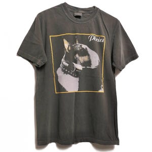 Könnte beinhalten: Dunkelgraues T-Shirt mit einem Hundegrafik in einem gelb umrandeten Feld und dem Wort "Pixies". Das T-Shirt hat einen Rundhalsausschnitt und kurze Ärmel. Der Hund hat ein Nietenhalsband.