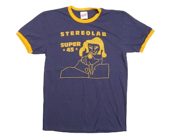 Stereolab Ringer Tee Peng Cliff Super 45 French Paris France Electronic Art Music Pop Band Tour Tee Classic Navy Gold Ringer Shirt - Medium
