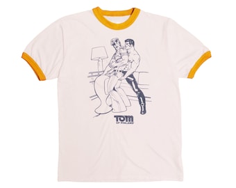 Tom Of Finland Ringer Tee Shirt Macho Man Bear Cub Leather Motorcycle Club Daddy 100% Faded Cotton Color Block Top - Medium