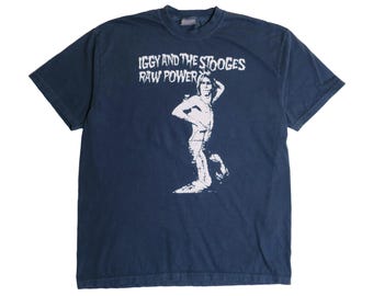 Iggy Pop And The Stooges Tee Raw Power Punk Band Proto Garage Psychedelic Post Punk Alternative Rock Indie Boxy Fit Faded Navy Shirt - XL