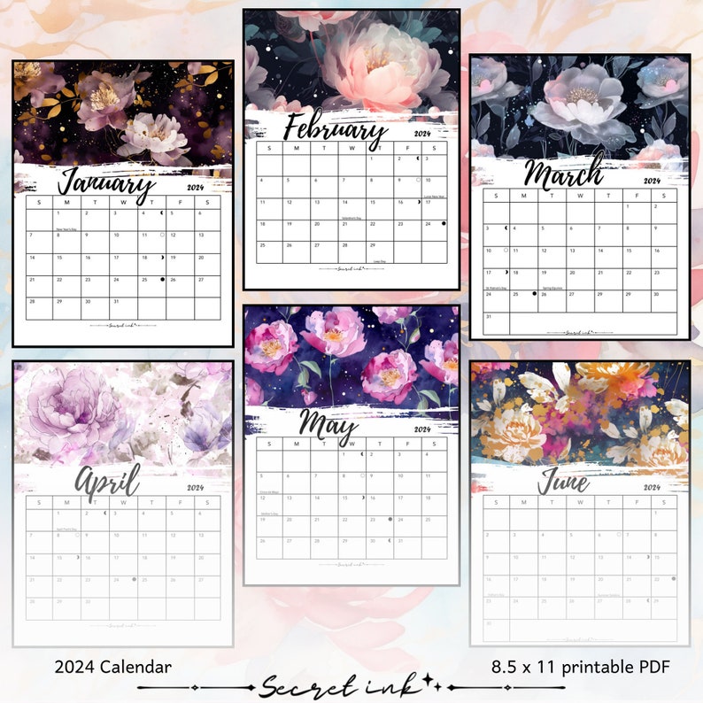 Printable Calendar 2024, Watercolor Peonies, Monthly Calendar ...