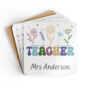 Personalized Teacher Floral Corkwood Coaster Set, Custom Name End of School Gift, Teacher Gifts, Teacher Appreciation Gift  Wildflower