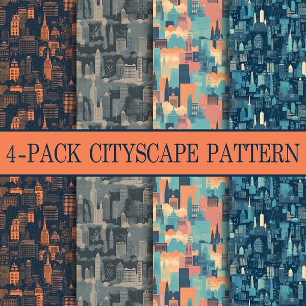 4-PACK - Cityscape Digital Paper, Repeating Pattern, Scrapbook Paper, Skyline Scrapbook Paper, INSTANT DOWNLOAD