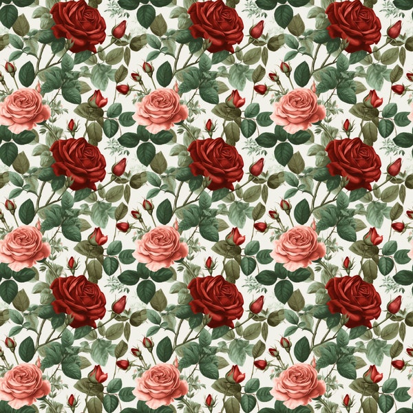 Red and Green Floral Digital Paper, Repeating Pattern, Vintage Scrapbook Paper, Roses Scrapbook Paper, INSTANT DOWNLOAD